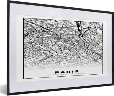 Fotolijst incl. Poster Zwart Wit- Kaart - Paris - Plattegrond - Parijs - Frankrijk - Stadskaart - Zwart wit - 60x40 cm - Posterlijst