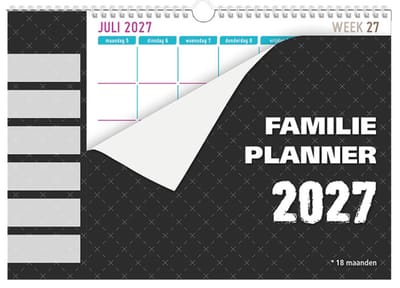 MGPcards - Kalender 18 maanden - Familieplanner 2027 - 6 Namen - Kalender - Familyplanner - Nederlandse en Belgische feestdagen - Juli 2026 tm december 2027 - 34 x 24,5 cm - Zwart