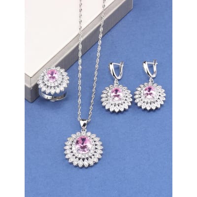 Fijne Sieraden Voor Vrouwen Cadeau Trouwjurk Elegant Luxe Ketting En Clip Oorbellen Ring Zirkoon 4-Delige Bloemensets resizable gray