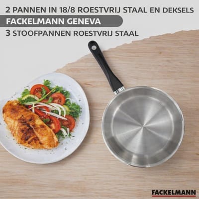 Set van 2 pannen 20 en 28 cm van roestvrij staal en deksel, 3 roestvrijstalen kookpotten 16, 20 en 24 cm Fackelmann Geneva