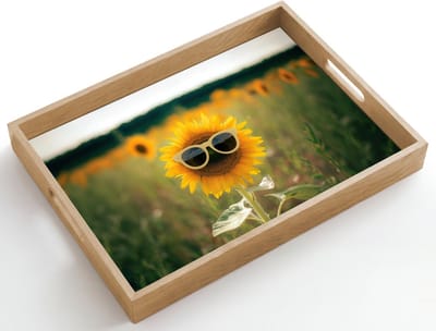 Dienblad hout 50x35 cm - Schootdienblad - Zonnebloem - Veld - Zonnebril - Borrelplank rechthoek - Plateau dienbladen