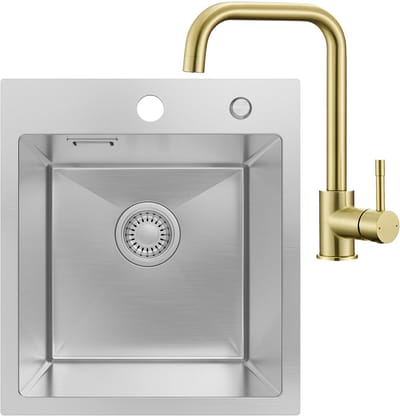 SOFETIY MAX Spoelbak voor keuken 40x45 cm - Spoelbak Keuken Met Keukenkraan Goud - Spoelbakken Keuken Geborsteld RVS - Wasbak Keuken - Voor Kasten van 40 cm