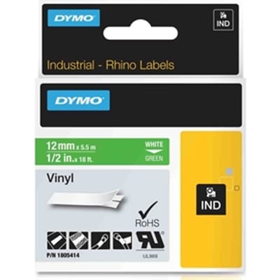 DYMO Rhino industriële Vinyl Labels | 12 mm x 5,5 m | witte afdruk op groen | zelfklevende labels voor Rhino & LabelManager labelprinters