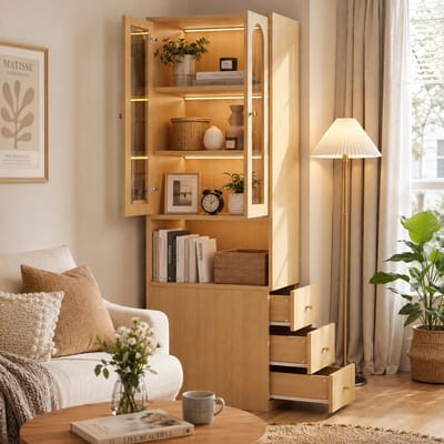 Boekenkast - Kast - Met LED-verlichting en 3 lades - 200x60x40 cm - Met 2 deuren van gehard glas - Houtnerfafwerking - Met Antitipbeveiliging - Minimalistische stijl - Natuurlijke houtkleur