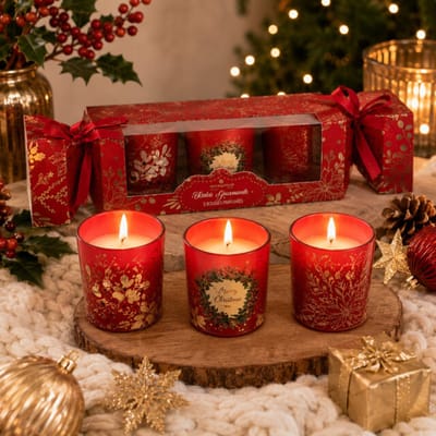 Set van 3 Kerst Geurkaarsen – Geurkaarsen in Rood Bedrukt Glas – Luxe Kerstcadeau – Kerstdecoratie – Sfeervolle Geurkaarsen voor Woonkamer – Cadeauset – Rood
