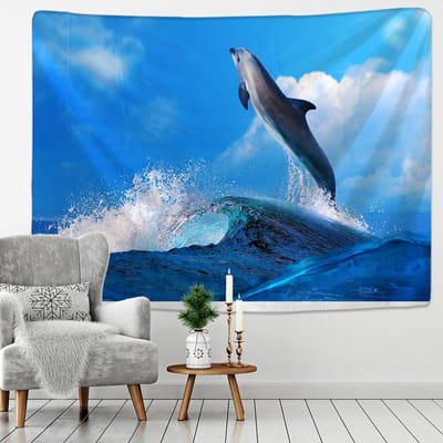 Tapisserie murale suspendue de saut de dauphin, vague bleue, voilier, style bohémien, pour canapé, bureau, chambre à coucher, salon, décor artistique 95x70CM