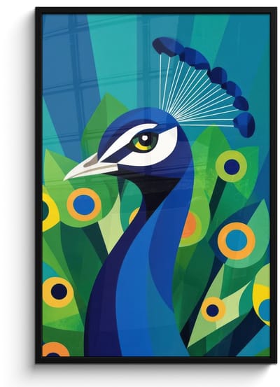 Poster in lijst - Fotolijst 80x120 cm - Posters - Pauw - Cirkels - Blauw - Posterlijst zwart - Decoratie - Wanddecoratie woonkamer - Muurdecoratie slaapkamer