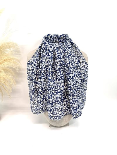 Lange dames sjaal Nola-gebloemd motief-blauw wit geel zilver