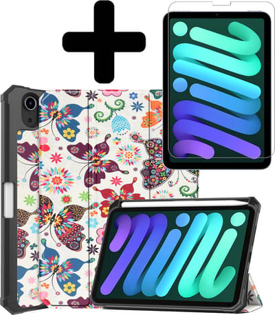 Hoes - Geschikt voor Apple iPad Mini 6 (2021) - 8.3 inch - 6e Generatie - Met Screenprotector - Trifold Bookcase - Hard Cover Case - Met Uitsparing Geschikt voor Apple Pencil - Hardcover Book - Tablet Hoesje - Vlinders