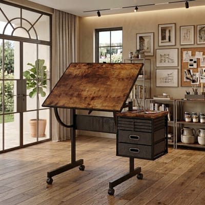 Pugsdrly - Puzzeltafel - Geschikt voor 1500-delige puzzels - Kantelbaar werkblad - Verrijdbare wielen - Zij-opslag met lades - Zwart frame