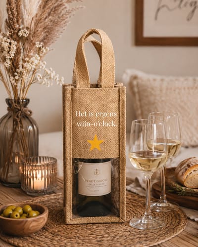 Jute Wijntas - Het is ergens wijn-o'clock - Cadeautas voor Wijnfles - Herbruikbaar