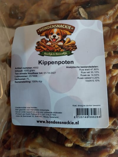 Hondensnackie Kippenpootjes deze NatuurlijkKippenpoot per 1000 gram verpakt