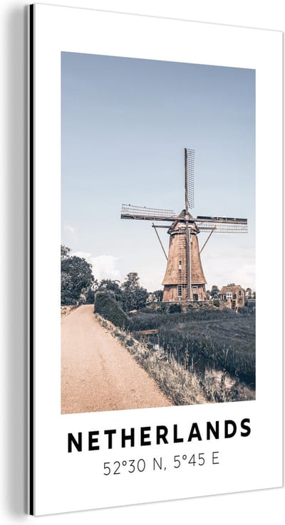 Wanddecoratie Metaal - Aluminium Schilderij Industrieel - Nederland - Windmolen - Vintage - 120x180 cm - Dibond - Foto op aluminium - Industriële muurdecoratie - Voor de woonkamer/slaapkamer