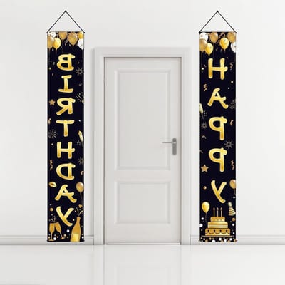 Happy Birthday deurbanner - 180cm×30cm Decoratie voor Verjaardagsdeur - Zwart-Gouden Verjaardagsdeurbanners en Borden - Happy Birthday Deurbanner voor Verjaardagsvieringen - Verjaardagsdecoratie en Fotografie