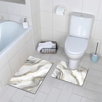 Badmat tapijt set, snel droog absorberend, antislip matten, gemakkelijk schoon te maken, voor badkamer badkuip douche, 61 x 41 cm + U-vorm 51 x 41 cm, wit gemarmerd