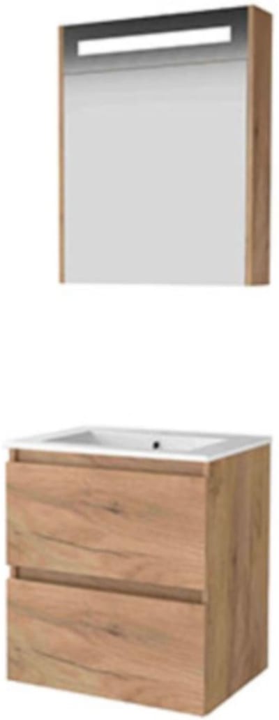 Basic-Line Premium 46 Badkamermeubelset - 60 x 46 cm - Greeploos - 2 Lades - Keramische Wastafel - 1 Kraangat - Spiegelkast met LED Verlichting - Whisky Oak