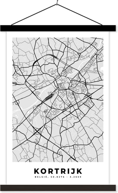 Posterhanger incl. Poster 40x60 cm - Schoolplaat - België – Kortrijk – Stadskaart – Kaart – Zwart Wit – Plattegrond - Textielposter - Zwarte latten - Stadskaart