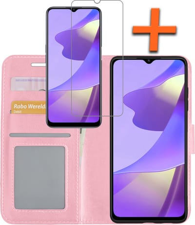 Hoes - Met Screenprotector - Geschikt voor OPPO A16 - Luxe Pasjeshouder - Bookcase Portemonee - Flip Case - Kunstleer Book Case - Flipcase - Book Cover - Walletcase - PortemonneeHoes - Lichtroze