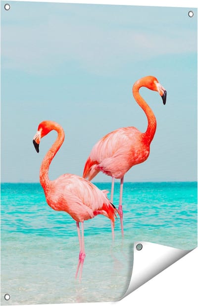 Gards Tuinposter Twee Flamingo's in het Water - 60x80 cm - Tuindoek - Tuindecoratie - Wanddecoratie buiten - Tuinschilderij