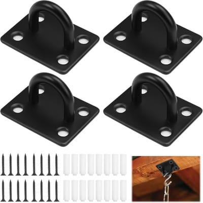 Set van 4 M6 Oogplaten met RVS Dekplaat, Ideaal voor Wandbevestiging, Hangmatten en Gymnastiekringen, Ooghouders Zwart 40 x 45 mm