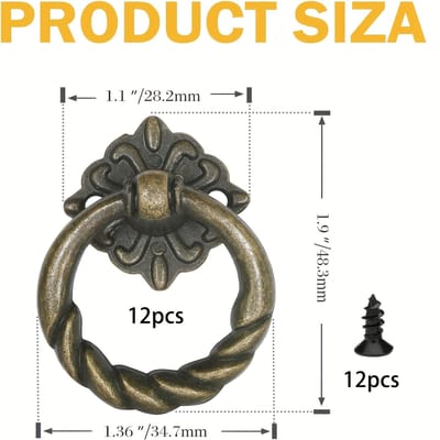 12 pièces anneau de suspension fleur en bronze poignée de tiroir, petite poignée anneau de meuble rétro, poignée de meubles anneau européen, avec vis 12pcs