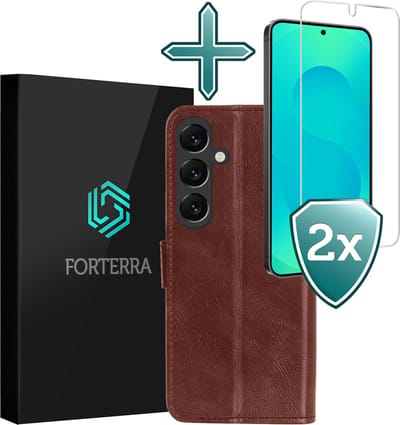 Hoesje Met 2x Screenprotector - Geschikt voor Samsung Galaxy S25 - Luxe Pasjeshouder - Flip Case - Bookcase Portemonee - Kunstleer Book Case - Flipcase Hoes - Book Cover - Walletcase - Portemonneehoes - Bruin