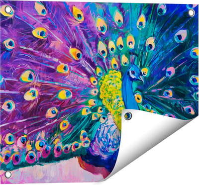 Gards Tuinposter Pauw met Kleurrijke Veren van Olieverf - Abstract - 50x40 cm - Tuindoek - Tuindecoratie - Wanddecoratie buiten - Tuinschilderij