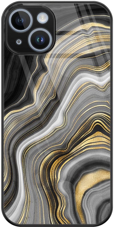 Hoesje geschikt voor iPhone 14 - Marble agate - Luxe Glazen Hardcase - Hippe print - Goud - Leuke Telefoonhoesjes