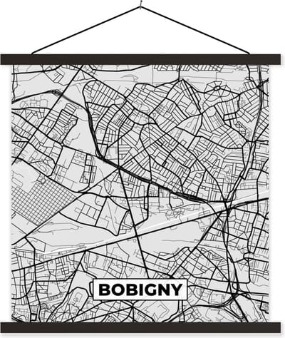 Posterhanger incl. Poster 60x60 cm - Schoolplaat - Frankrijk - Bobigny - Stadskaart - Plattegrond - Kaart - Textielposter - Zwarte latten - Stadskaart