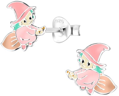 Joy|S - Zilveren heks oorbellen - roze - 10 mm - halloween oorknoppen