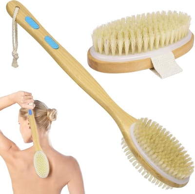 Dubbelzijdige natuurlijke borstel voor het lichaam, massageborstel met lange houten handgreep, ideaal voor peeling en verbetering van de bloedcirculatie