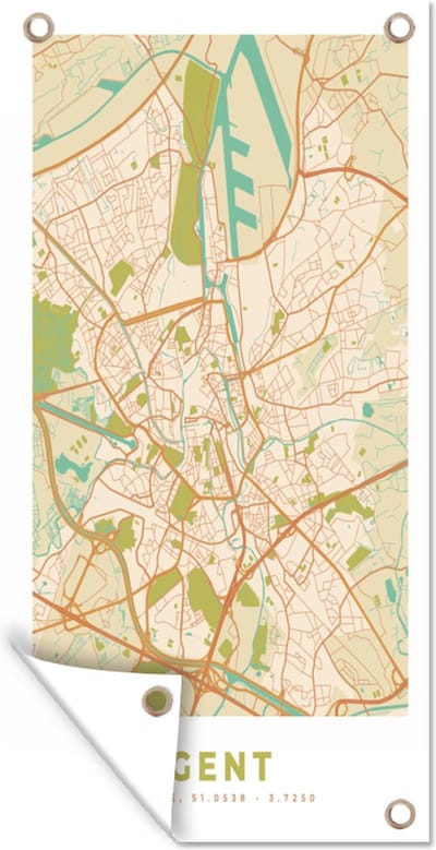 Schuttingposter Gent - Kaart - Stadskaart - Plattegrond - Vintage - 100x200 cm - Tuindoek
