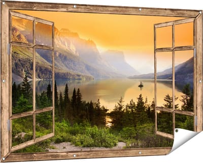 Gards Tuinposter Doorkijk Bergen met een Meer in Nationaal Park Glacier - 150x100 cm - Tuindoek - Tuindecoratie - Wanddecoratie buiten - Tuinschilderij