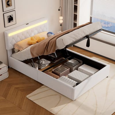 Wishdor Gestoffeerd Bed 140x200 cm – Hydraulisch Hefmechanisme – LED Sfeerlicht met App – USB en USB-C – Linnen – Wit