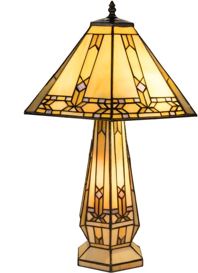 Tiffany tafellamp Mission Stijl - Crème-Amber - B 41,5 cm - Glas in lood - Warm licht - Verlichte voet - Geometrisch | RORUVERA