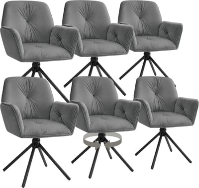 tectake® Draaifauteuil Lenia - Set van 6 Draaifauteuils met Armleuning - Draaibare Eetkamerstoel - Draaibare Fauteuils - Gestoffeerd - Fluweellook Antraciet/Zwart