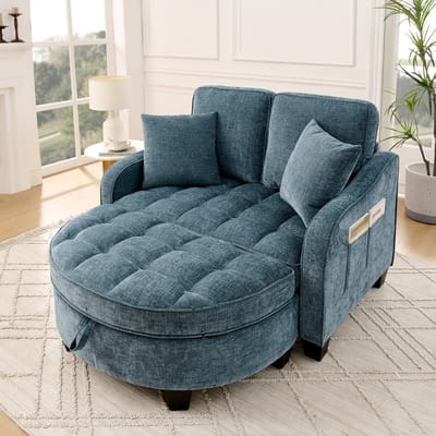2-in-1 slaapsofa met opberghocker - compact voor kleine ruimtes - 1-2 personen - blauw - ademende stof en eucalyptushouten frame - flexibele ombouw tot chaise longue of bed - hocker met opbergvak