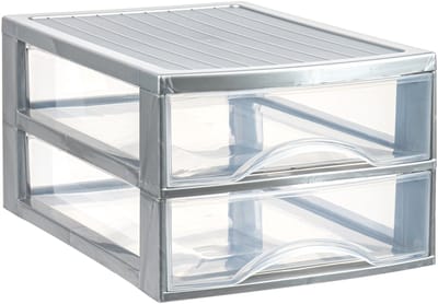 Plasticforte Ladekastje bureau organizer - 2 lades - zilver/transparant - L26 x B35 x H19 cm - kunststof
