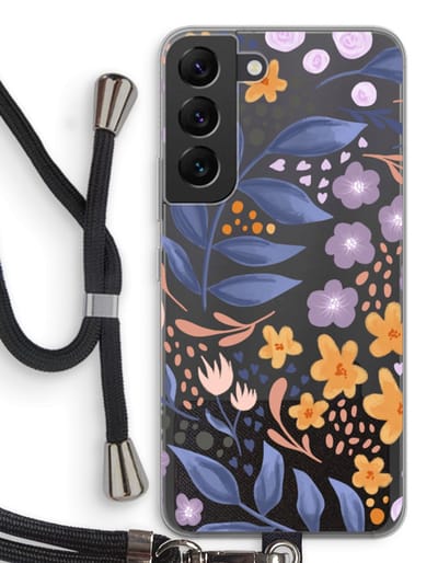 Case Company® - Hoesje met koord geschikt voor Samsung Galaxy S22 hoesje met Koord - Flowers with blue leaves - Telefoonhoesje met Zwart Koord - Bescherming aan alle Kanten en Over de Schermrand