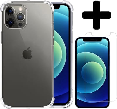 Hoesje - Met Screenprotector - Geschikt voor Apple iPhone 12 Pro - Sterk & Shockproof - Siliconen Case - Back Cover - Telefoon Hoes - Shock Proof - Telefoonhoesjes - Transparant