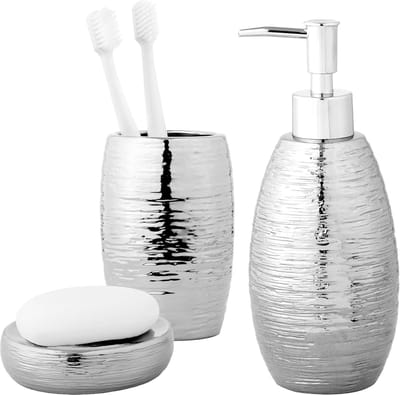 Famanu - Zilverkleurige zeepdispenser, zeepbakje en tandenborstelhouder – 3-delige badkamer accessoires set – Luxe badkameraccessoires – Keramiek