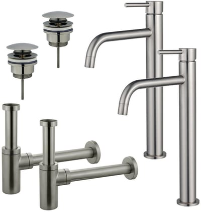 FugaFlow Eccelente Sobrado Badkamer Slim Wastafelkraanset - voor dubbele wastafel - verhoogde wastafelkraan - klikwaste plug - design sifon - PVD Geborsteld RVS