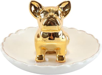 Keramiek Sieradenbakje - Ringhouder Decoratie - Sieraden Opbergen - Uniek Bulldog Design - 11 x 11 x 7 cm - Goud