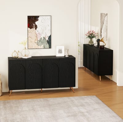 FloraGrace Dressoir - Mid-Century Design Met 3D-Ribbels En Boogdeuren - Voor Hal En Woonkamer - Spaanplaat - 150x38x83 Cm - Zwart