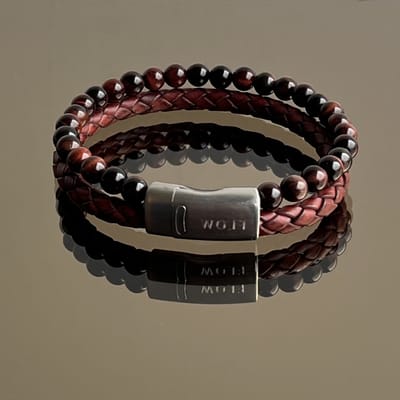 FlowJewels - Wolf Men - Heren armband - leer - tiger eye - stainless steel