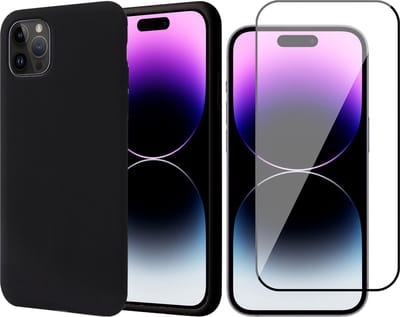 Hoesje geschikt voor iPhone 14 Pro - Matte Back Cover Microvezel Siliconen Case Hoes Zwart - Full Tempered Glass Screenprotector