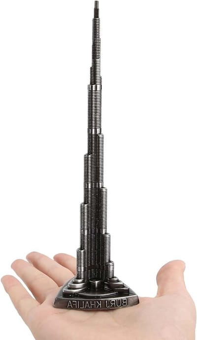 Miniatuurmodel van de Burj Khalifa, 7 cm hoog, metalen bureau ornament voor kantoor en woningdecoratie, Dubai architectuur, cadeau-idee en verzamelobject