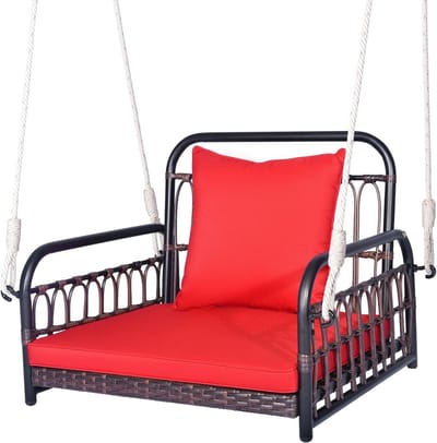 Rotan hangstoel, buitenschommel met kussen en rugleuning voor in de tuin, hangstoel met metalen frame & 2 touwen om op te hangen, hangmand hangstoel buiten & binnen, draagvermogen 180 kg (rood)