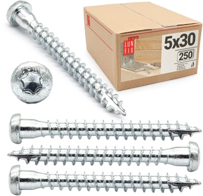 LUN FIX - Winkelbeschlagschroef 5x30 mm TX20 - 250 St. - Volledige draad - houtverbinding schroeven - ETA houtschroeven zilver verzinkt