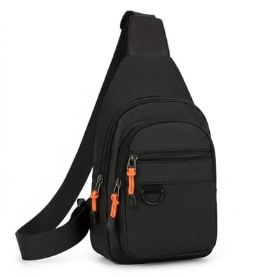 Zwarte crossbody tas heren dames schoudertas met verstelbare band en ritsvakken compacte sling bag casual draagtas zwart oranje details